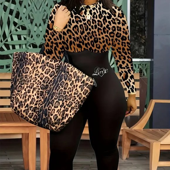 Contrast Leopard & Letter Print Jumpsuit, Sexy Long Sleeve Skinny Jumpsuit - Picture 1 of 4
